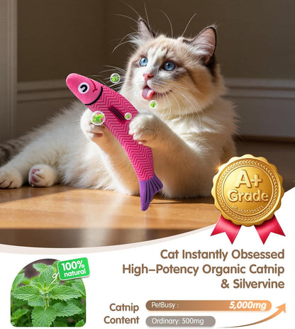 HOTPetBusy Cat Toys with[5000mg A+Natural Catnip &Silvervine] [Baby Grade] Interactive Soft Chew Kicker Cat Toys for Indoor Cats & Kittens, [Crinkle &Bell] Fish Sound Toy, Drives Bored Cat Crazy with Fun