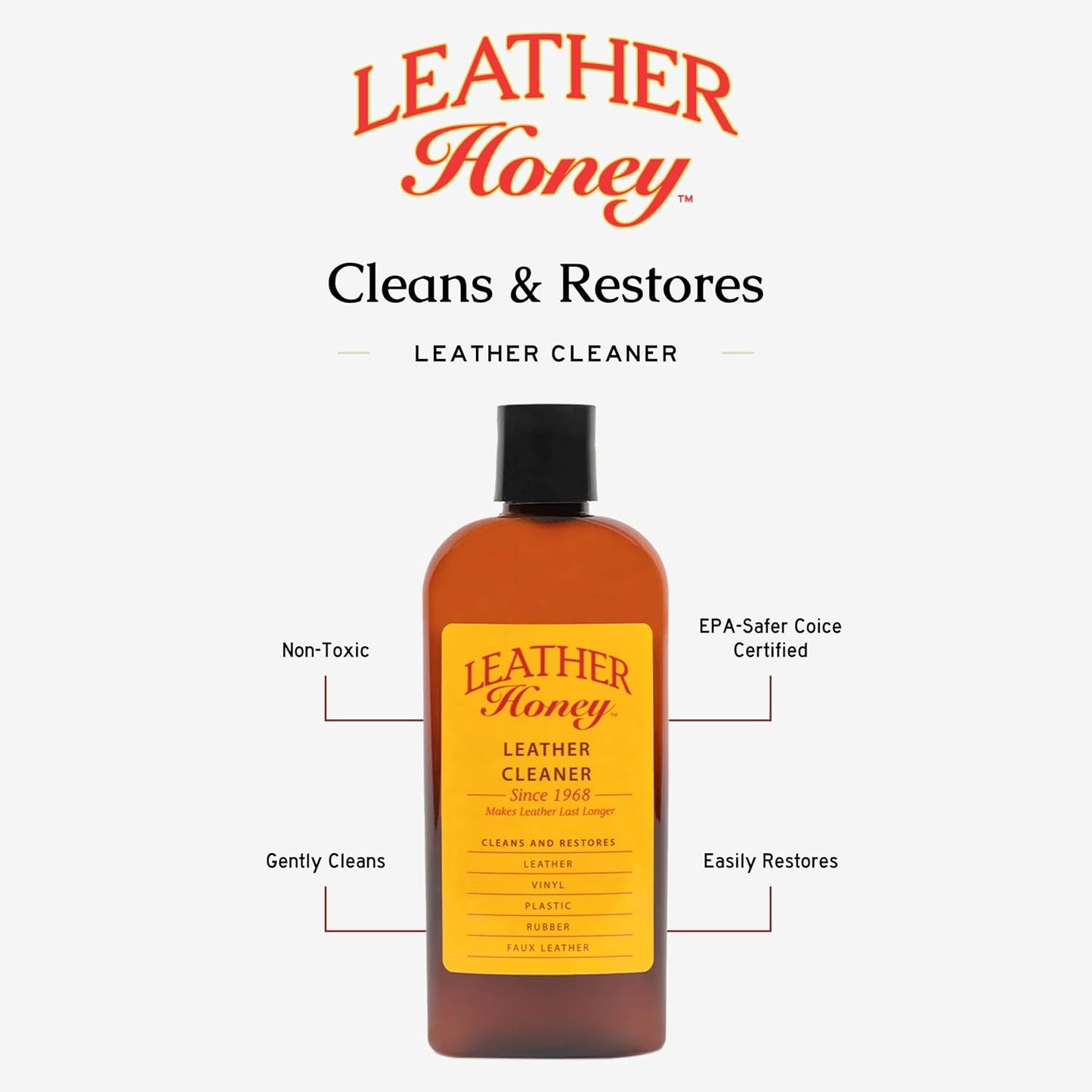 HOTLeather Honey Leather Cleaner: Non-Toxic Leather Care Made in the USA Since 1968. Deep Cleans Leather, Faux & Vinyl - Couches, Car Seats, Purses, Tack, Shoes & Bags. Safe Any Colors & White Leather