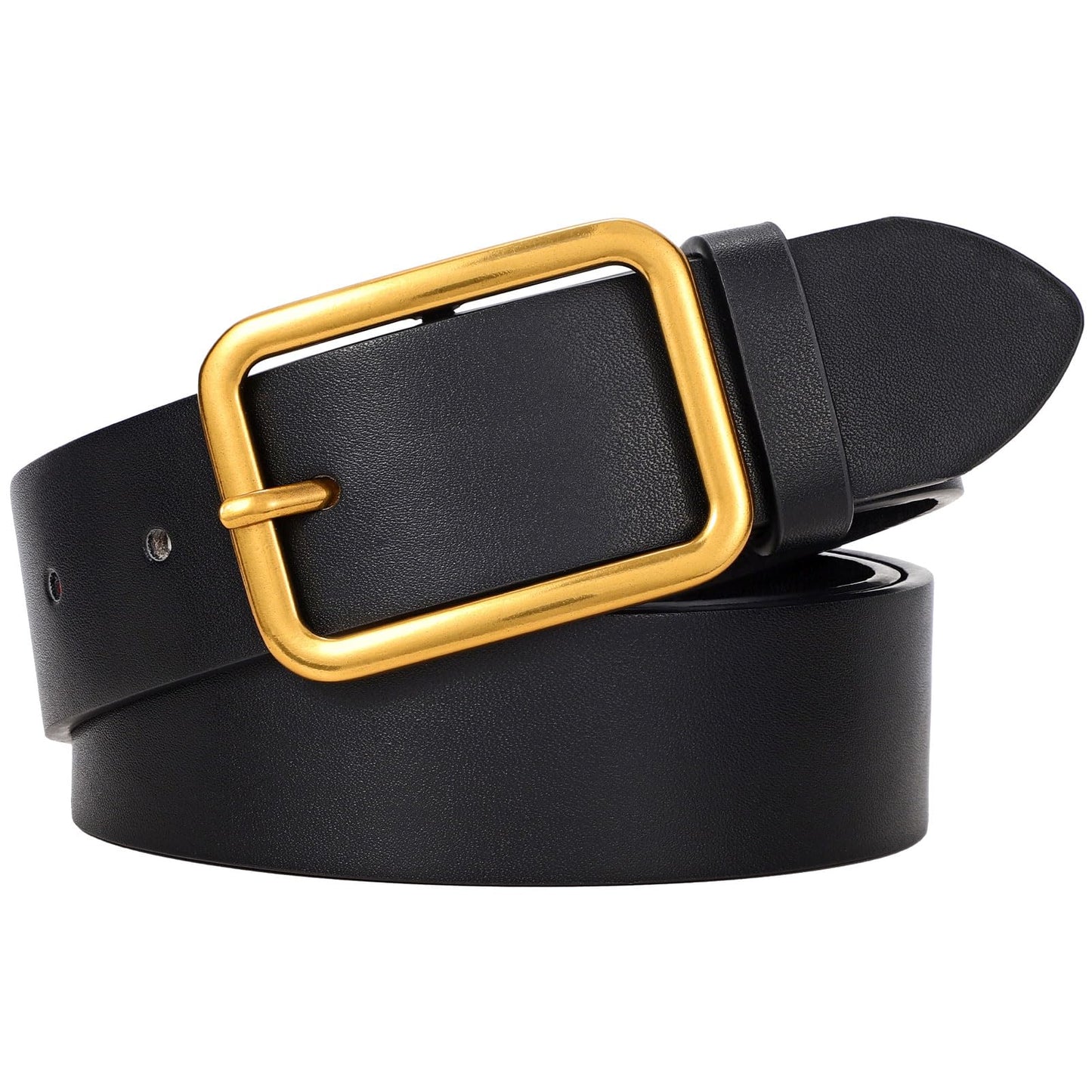 HOTWERFORU Women Classic Black Leather Belt With Square Silver Buckle For Jeans Pants,1.3" width