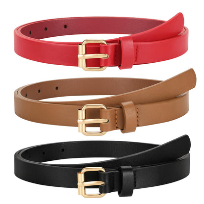 HOTTRIWORKS 3 Pack Women Skinny Leather Belt for Jeans Pants Dress Ladies Thin Waist Belt with Gold Buckle