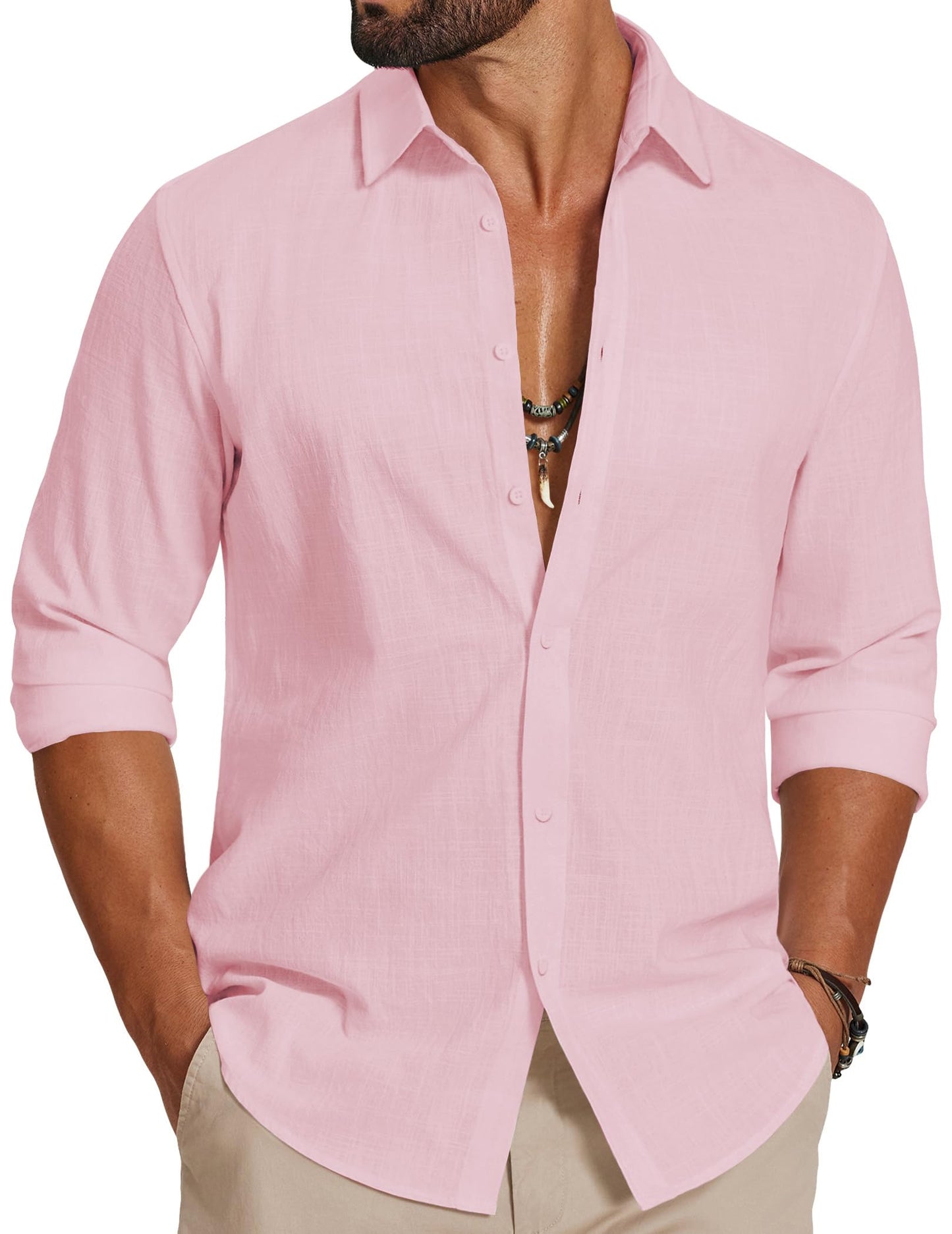 HOTCOOFANDY Men's Casual Button Down Shirts Long Sleeve Cotton Beach Wedding Shirt Summer Linen Shirt for Men