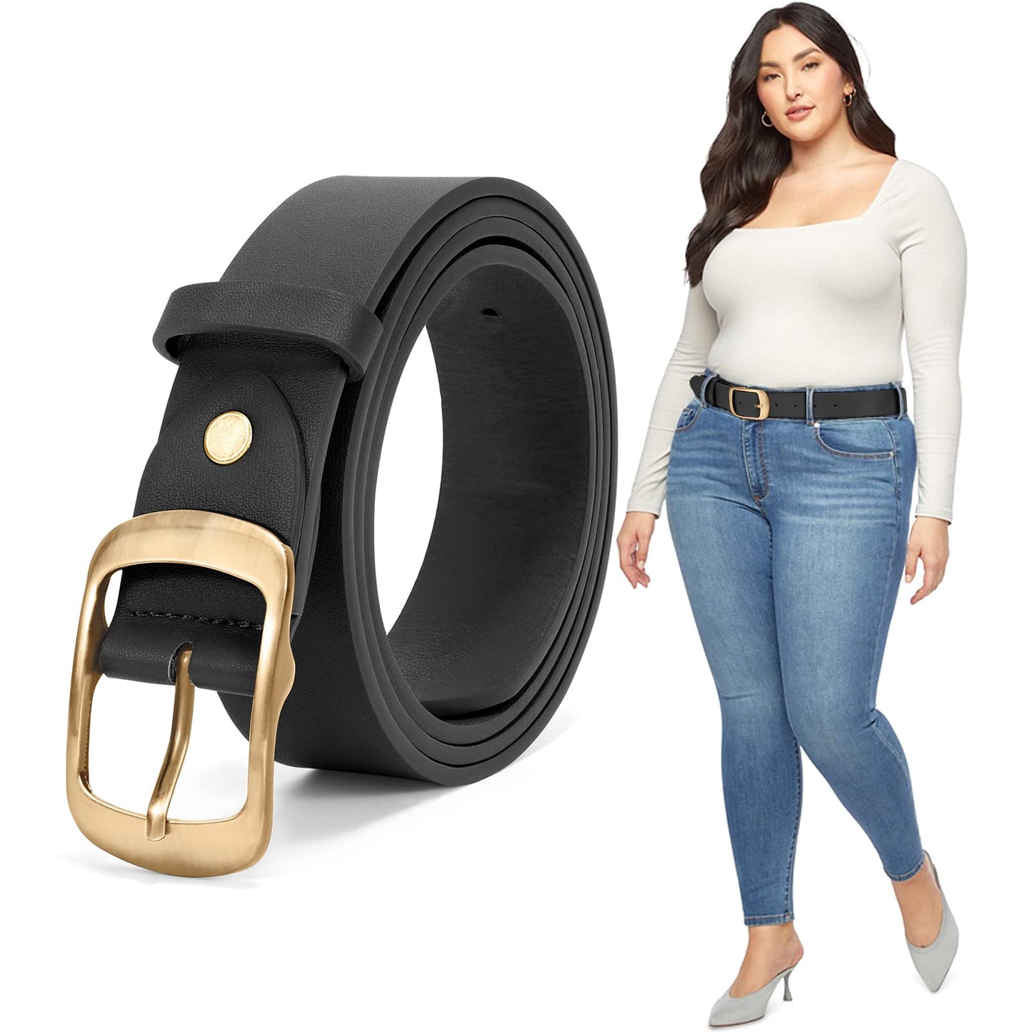 HOTJASGOOD Plus Size Women Leather Belt Black Casual Waist Belt for Jeans Pants with Metal Pin Buckle