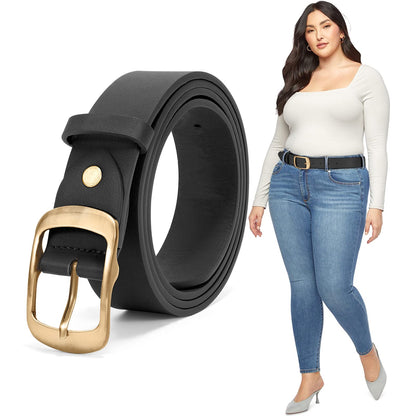 HOTJASGOOD Plus Size Women Leather Belt Black Casual Waist Belt for Jeans Pants with Metal Pin Buckle