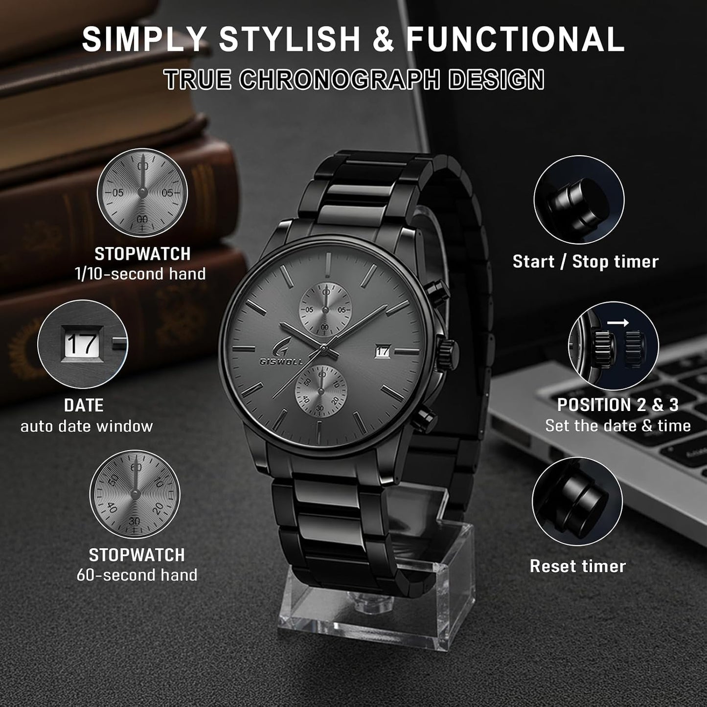 HOTStylish Stainless Steel Men's Watches with Functional Chronograph Subdials | Analog Waterproof Watches for Men, Solid Feel, Auto Date, 60-Second & 1/10-Second Timers, Gifts for Men Dad Husband Boyfriend