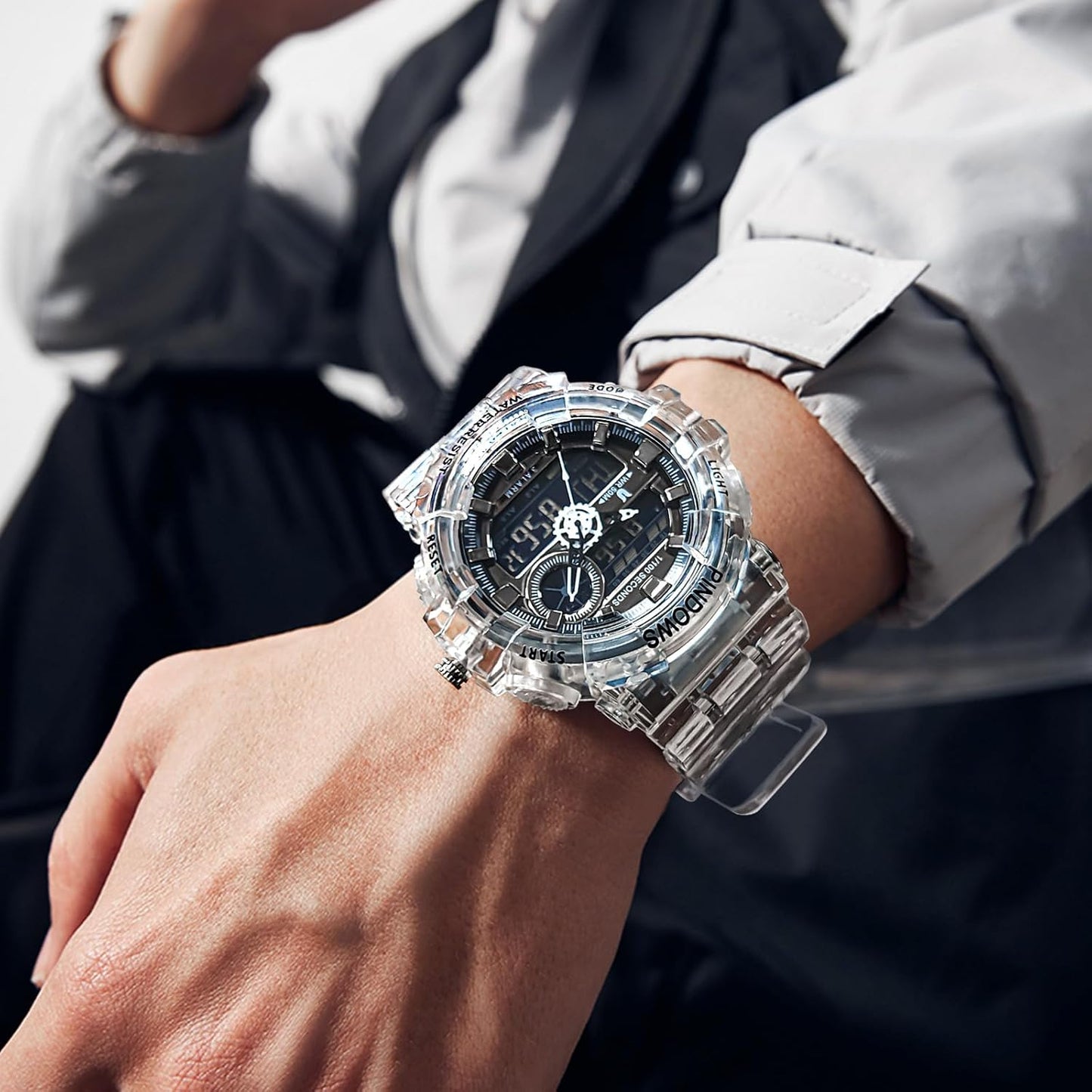 HOTPINDOWS Watches for Men, Transparent Gold Analog Digital Dual Time 50M Waterproof, LED Backlight Multifunctional with Alarms, Stopwatch, Ideal for Sports, Outdoor Activities, and Daily Wear