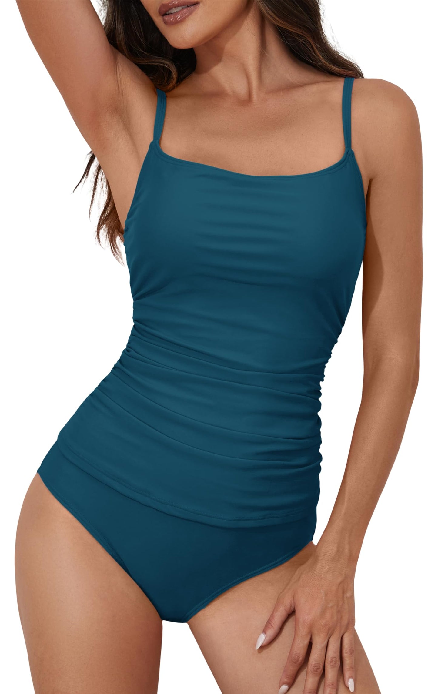 HOTEomenie Women Tankini Two Piece High Waisted Tummy Control Ribbed Swimsuits | Full Coverage Slimming Swim Suits, Square neck, Adjustable Spaghetti Straps, Removable Soft Padded Bra,Beach Pool Vacation