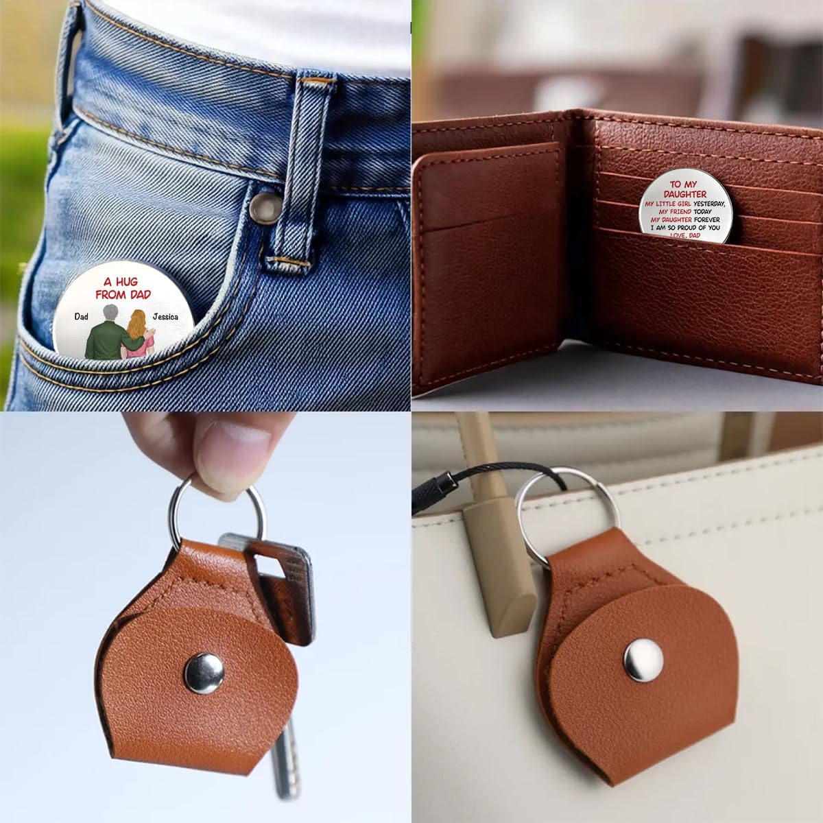 HOTWrappiness Pocket Hug from Dad to Daughter – Custom Coin with Leather Case, Personalized Token Gift for Daughter from Father