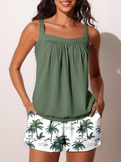 HOTSummer Mae Blouson Womens Tankini Swimsuits Tummy Control Bathing | Modest tankini with adjustable straps,built-in brief,swim shorts with pockets,plus for beach,pool,vacation