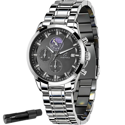 HOTFashion Casual Analog Watches for Men with Functional Chronograph Subdials | Mens Watches with Decorative Sun-Moon Dial, Auto Date, Dual Timers, Luminous, Waterproof, Gifts for Men Dad Husband Boyfriend