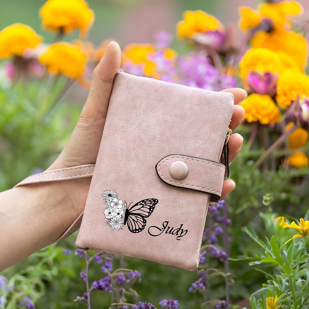 HOTcallie Personalized Tri-Fold Butterfly Birth Flower Leather Wallet with Coin Holder, Custom Christmas Birthday Gifts for Woman
