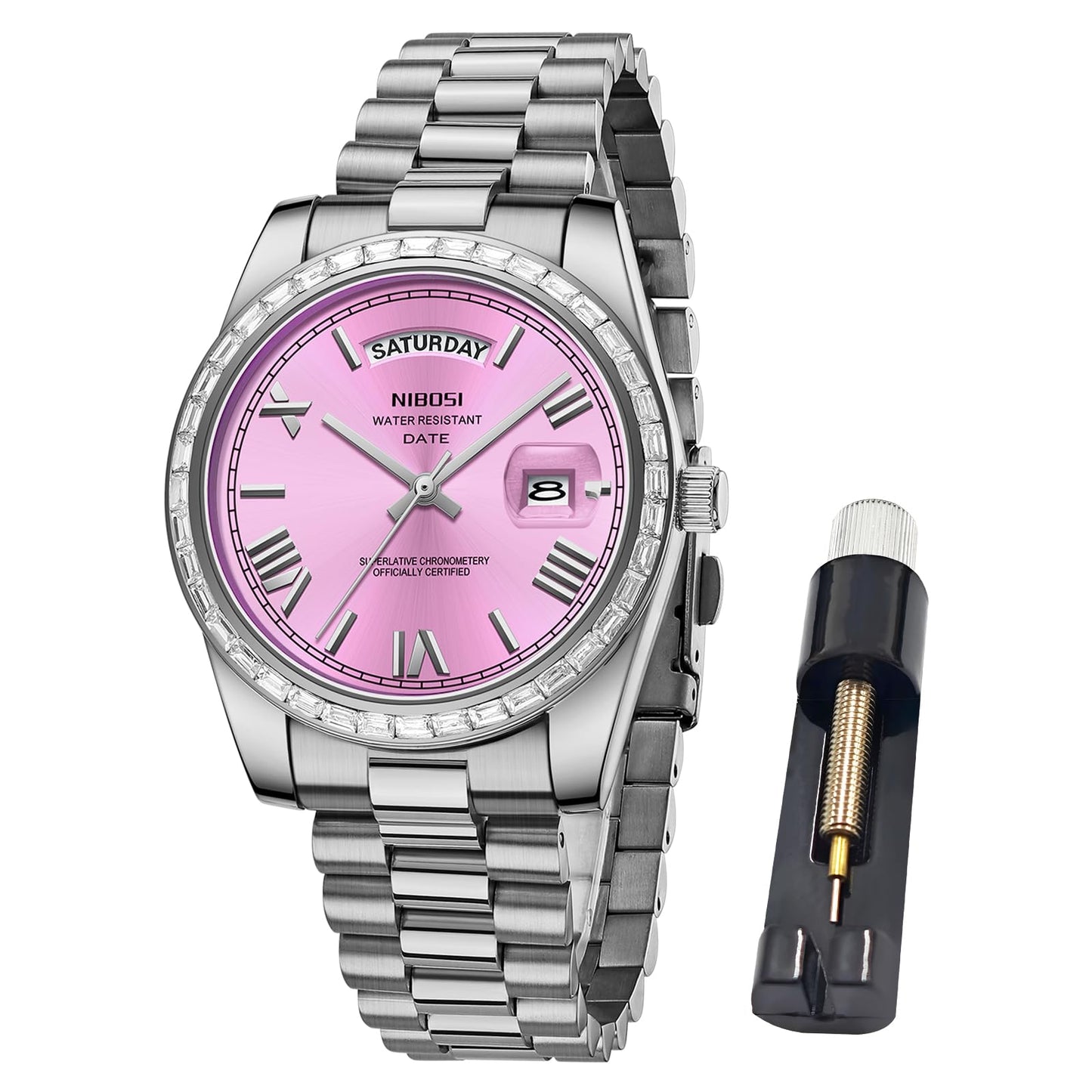 HOTNIBOSI Men's Watches Analog Quartz Diamond Bezel Stainless Steel Dial Rose Gold Silver Watches for Men Waterproof Business Classic Dress Wrist Watch with Day Date