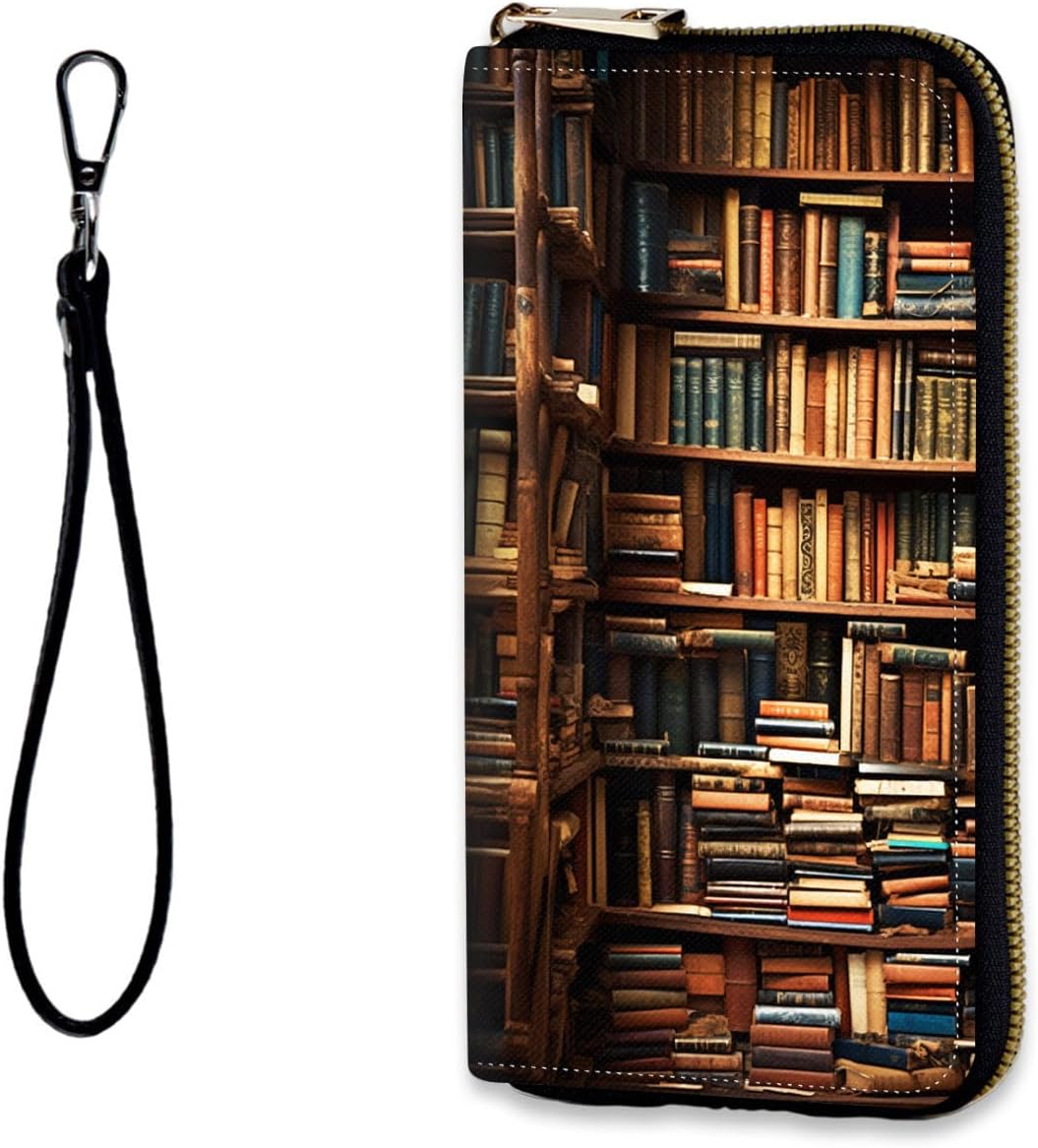 HOTWomens Wallet, RFID Wristlet Wallet for Women, Cute Ladies Purse, Large Credit Card Clutch Purse, Leather Card Holder Wallets with Zipper & Phone Holder,Vintage Books on Bookshelf