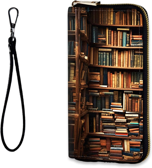 HOTWomens Wallet, RFID Wristlet Wallet for Women, Cute Ladies Purse, Large Credit Card Clutch Purse, Leather Card Holder Wallets with Zipper & Phone Holder,Vintage Books on Bookshelf