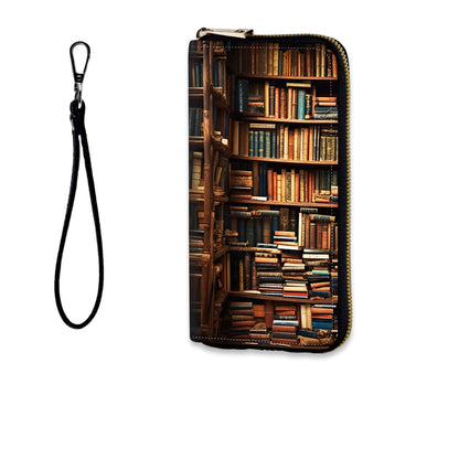 HOTWomens Wallet, RFID Wristlet Wallet for Women, Cute Ladies Purse, Large Credit Card Clutch Purse, Leather Card Holder Wallets with Zipper & Phone Holder,Vintage Books on Bookshelf