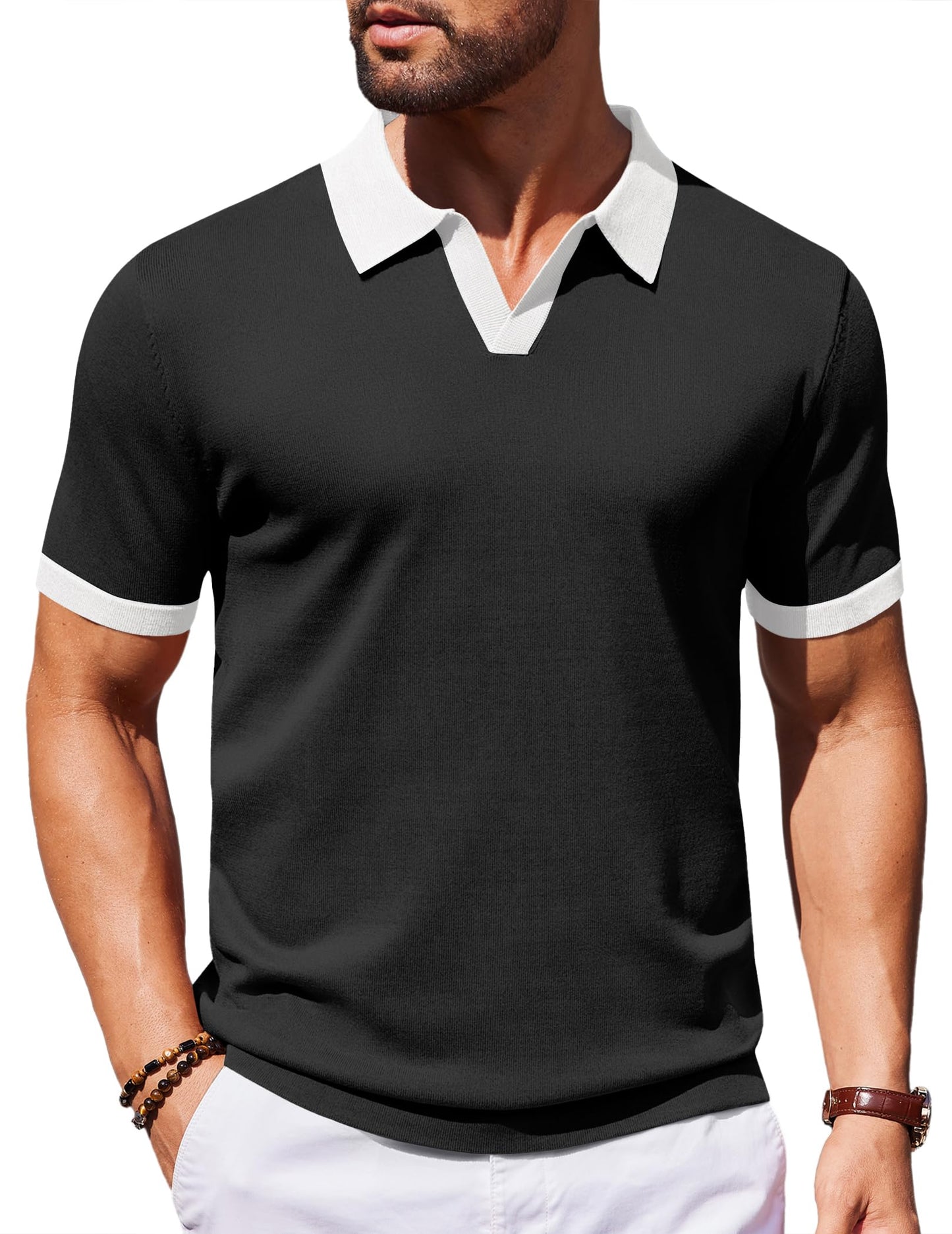 HOTCOOFANDY Men's V Neck Short Sleeve Stretch Knit Polo Shirt