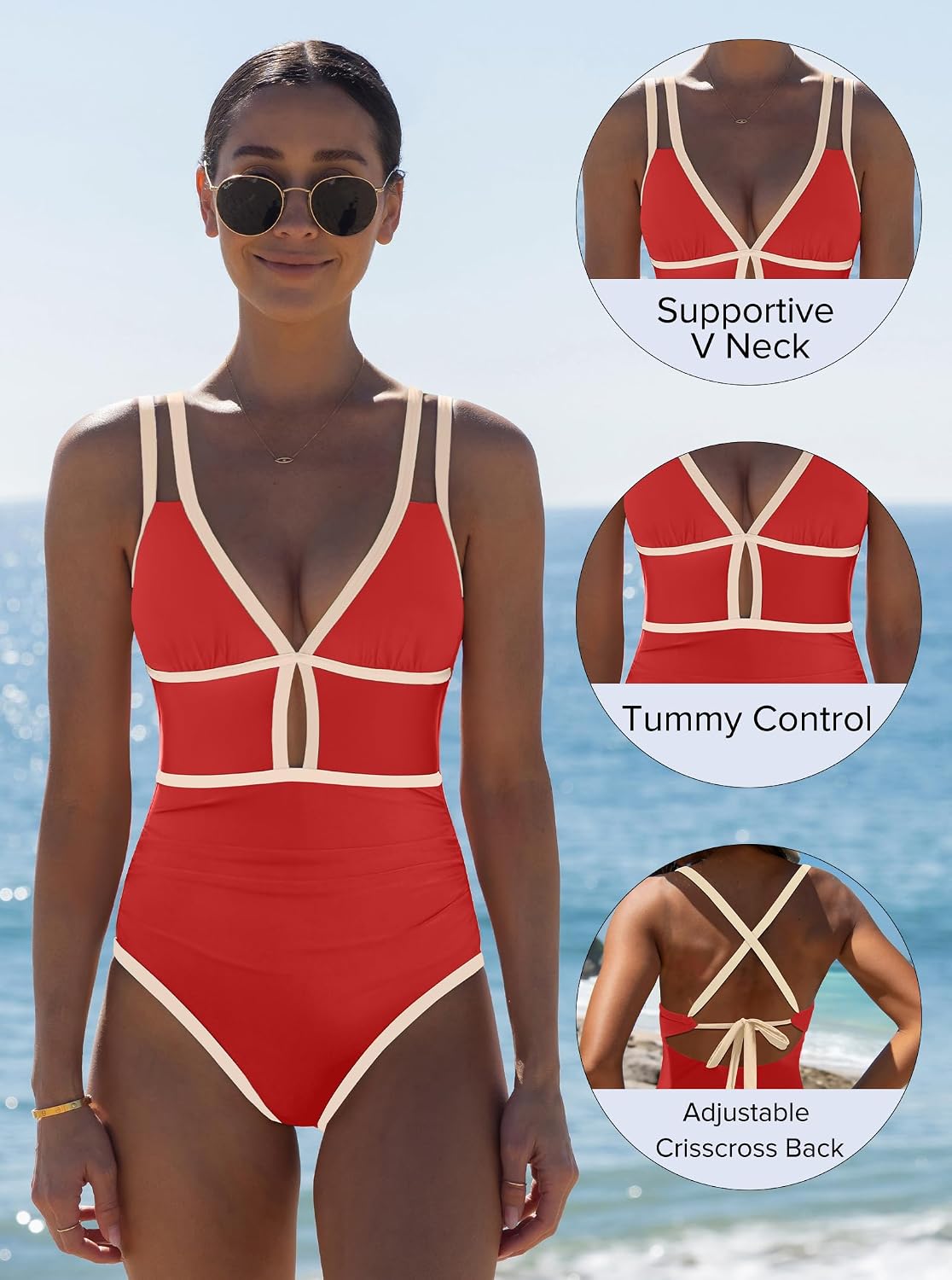 HOTpopvil Women One Piece Swimsuit 2026 Neon Tummy Control Bathing Suit | Tummy Ruched Design, Color Block, Cutout Design, Deep V Neck, Back tie,Adjustable Straps, Neon Trim,Vacation,Beach