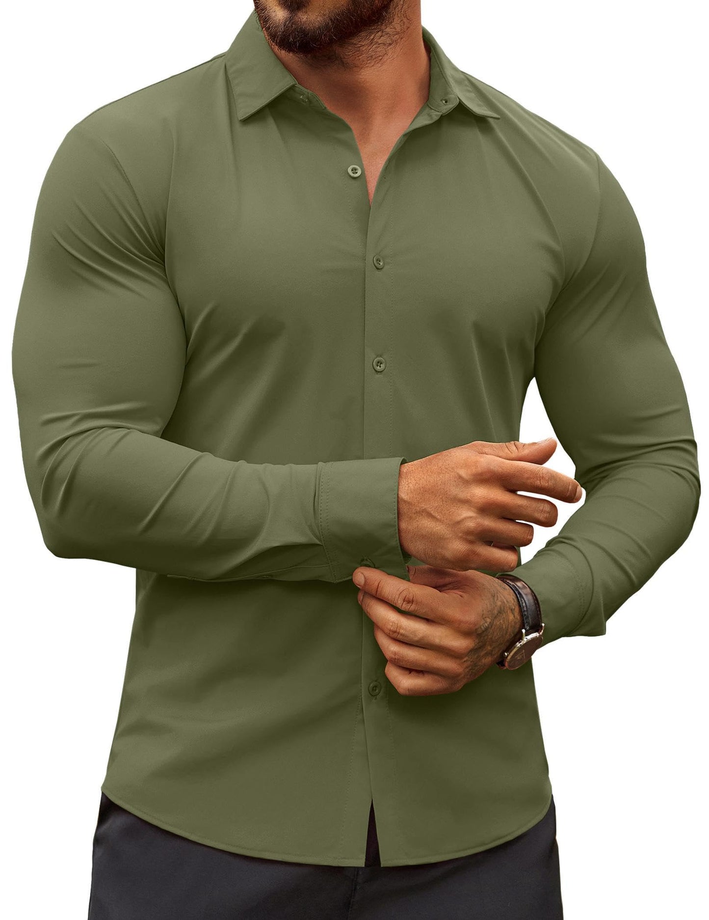 HOTCOOFANDY Men's Muscle Fit Dress Shirts Wrinkle-Free Long Sleeve Casual Button Down Shirts