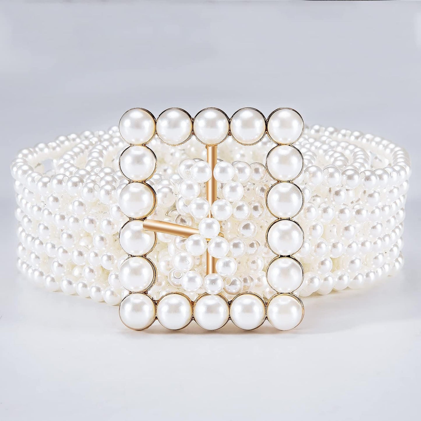 HOTDubulle Women's Pearl Belt Elastic White Waist Chain for Bridal Dress | Plus Size Belts Ivory Beige Silver Pearl Rhinestone Buckle Formal Wedding Ladies