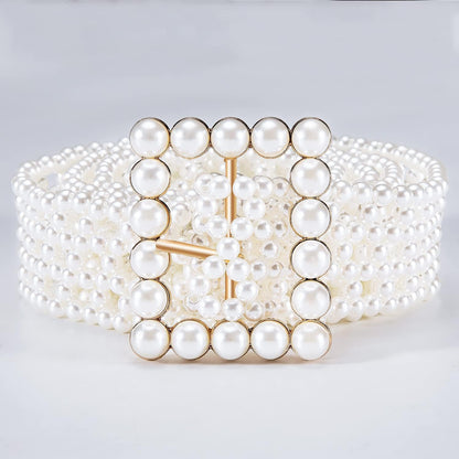 HOTDubulle Women's Pearl Belt Elastic White Waist Chain for Bridal Dress | Plus Size Belts Ivory Beige Silver Pearl Rhinestone Buckle Formal Wedding Ladies