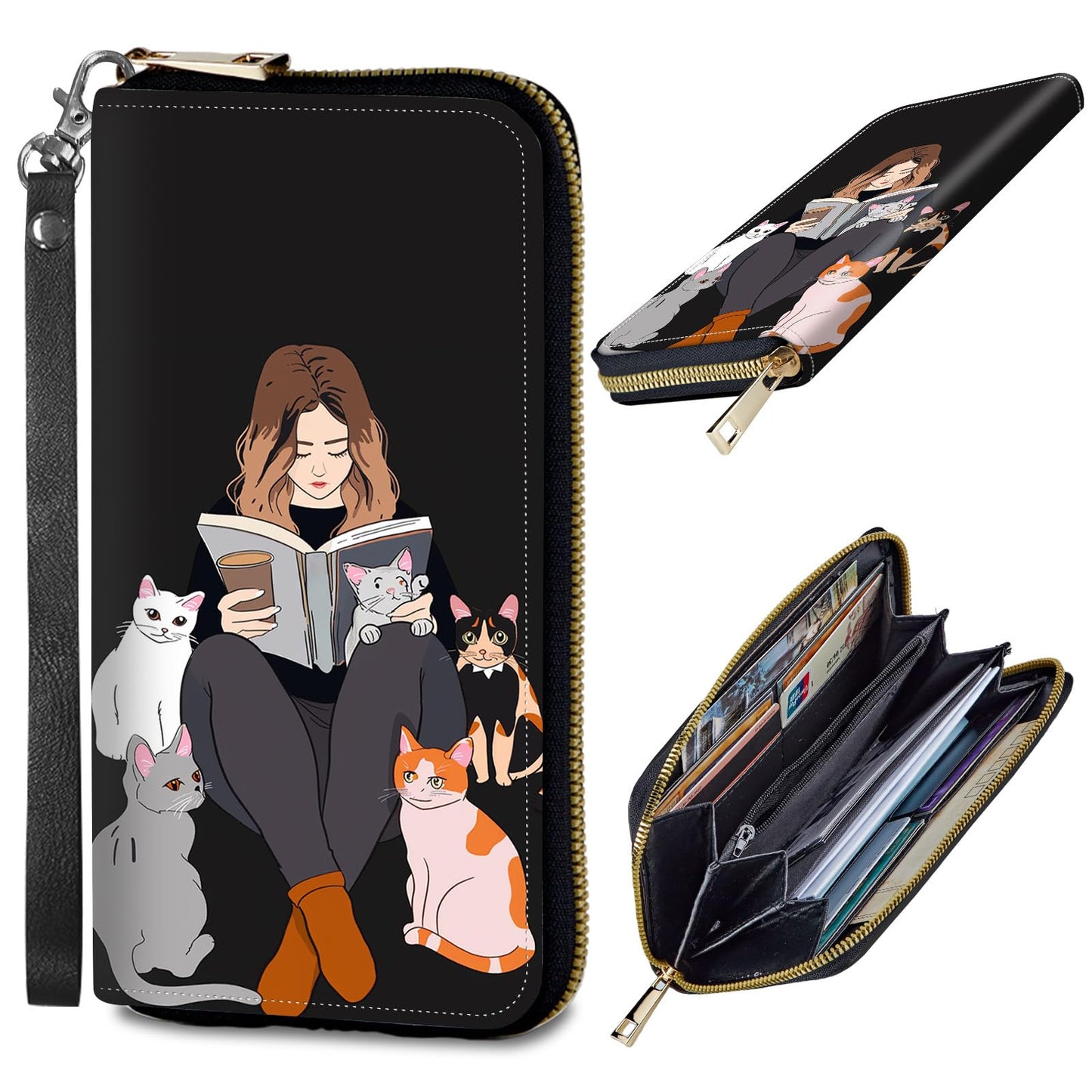 HOTWomens Wallet, PU Leather RFID Cute Wristlet Wallets for Girls Women Ladies Purse Large Credit Card Clutch Purse Card Holder Coin Pocket Travel Wallets with Zipper, Art Black Cat