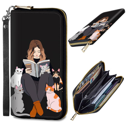 HOTWomens Wallet, PU Leather RFID Cute Wristlet Wallets for Girls Women Ladies Purse Large Credit Card Clutch Purse Card Holder Coin Pocket Travel Wallets with Zipper, Art Black Cat