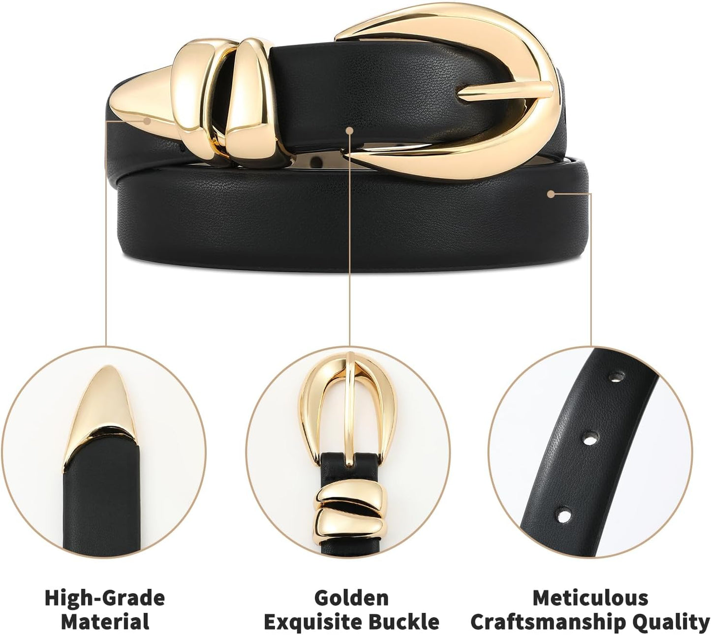 HOTRISANTRY Leather Belt for Women Stylish Design with Gold Buckle Ladies Black Belt Perfect for Jeans Dresses