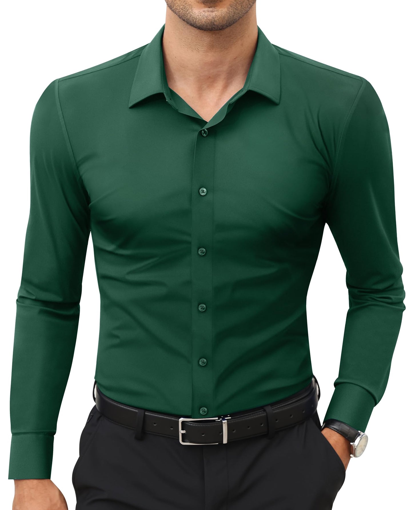 HOTLion Nardo Stretch Mens Dress Shirts Long Sleeve Slim Fit Dress Shirts for Men Muscle Fit Wrinkle Free Button Down Shirt