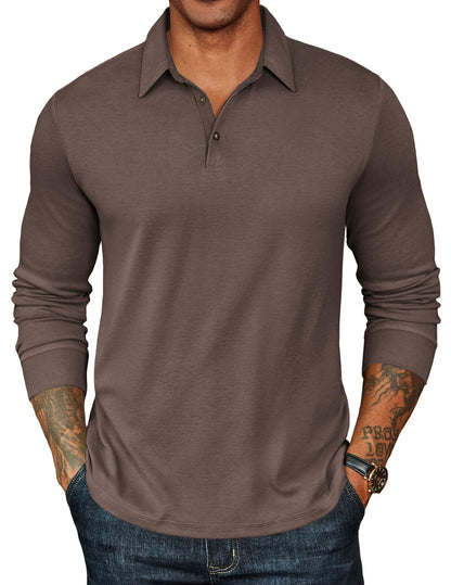 HOTCOOFANDY Mens Long Sleeve Polo Shirts Classic CasualButton Collared PoloTee