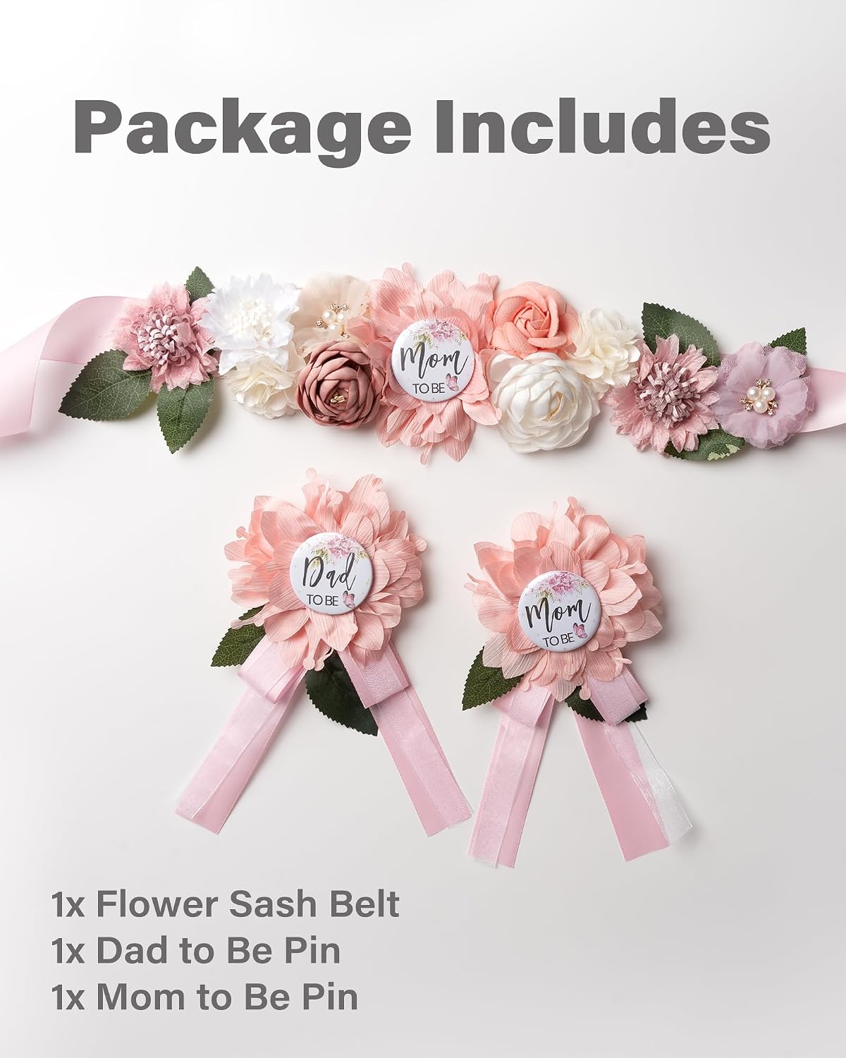 HOTBaby Shower Sash Decorations Mom to Be Corsage Gift Dad to Be Pin 3Pack Set Flower Belt for Maternity Dress - Gender Reveal Pregnancy Photo Props