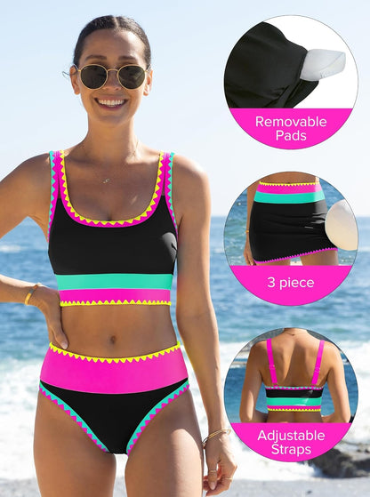 HOTpopvil High Waisted Bikini Sets for Women Tummy Control Swimsuits 3 Piece Bathing Suits Neon Swimwear with Skirt 2026