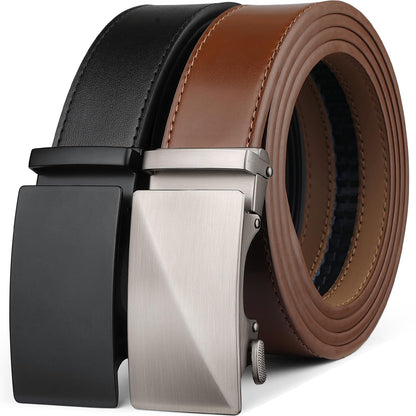 HOTFounders & C Mens Belt 2 Pack,Leather Ratchet Click Belt Dress with Slide Buckle 1 3/8" in Gift Set Box- Size Adjustable