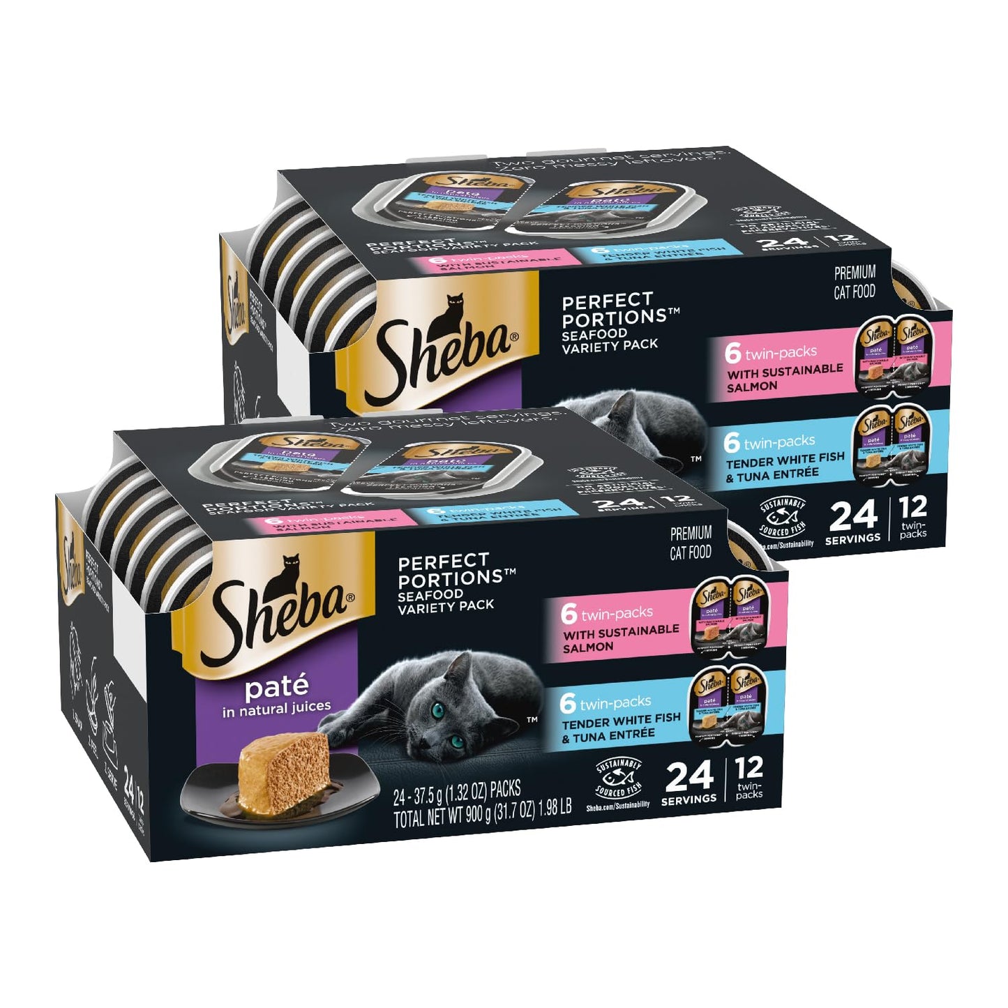 HOTSheba Perfect Portions Pate Wet Cat Food, Multipack, 2.6 oz, 24 ct | Grain-free, Chicken, Turkey & Beef, 48 servings, no artificial flavors/preservatives, complete & balanced, twin-pack trays