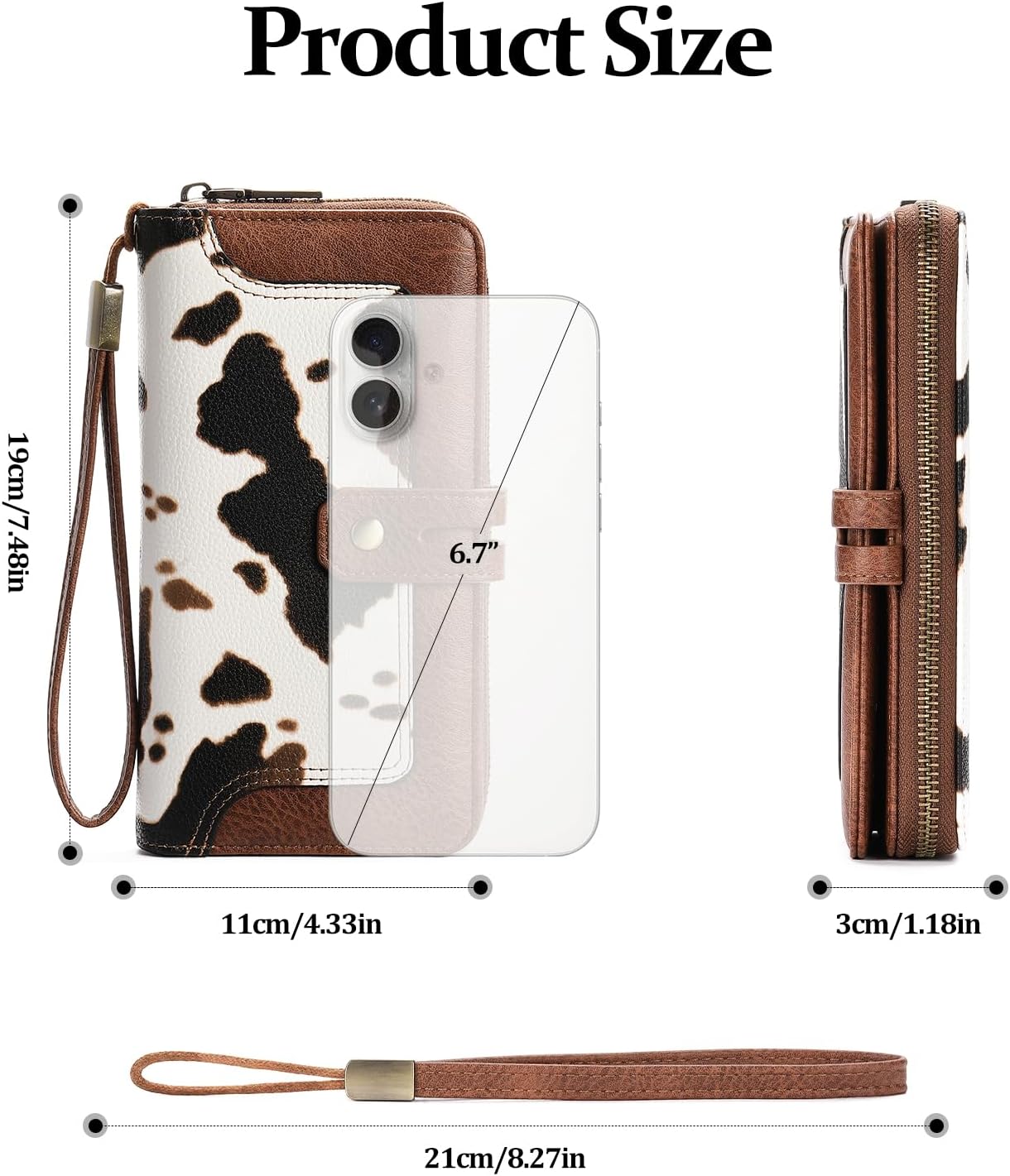 HOTGOIACII Wristlet Wallets for Women Large Capacity RFID Blocking Ladies Phone Clutch Card Holder Cow Print Brown