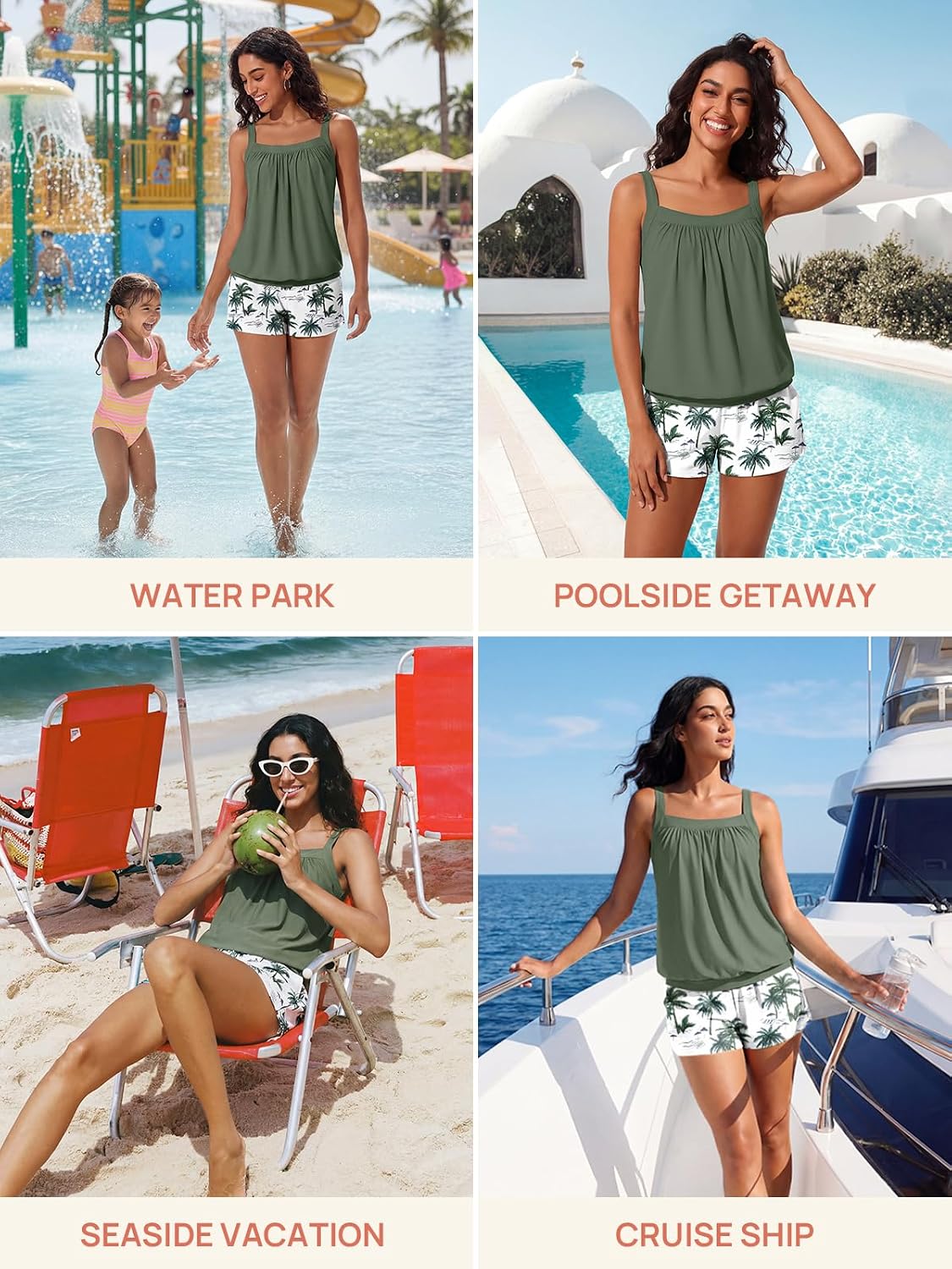 HOTSummer Mae Blouson Womens Tankini Swimsuits Tummy Control Bathing | Modest tankini with adjustable straps,built-in brief,swim shorts with pockets,plus for beach,pool,vacation