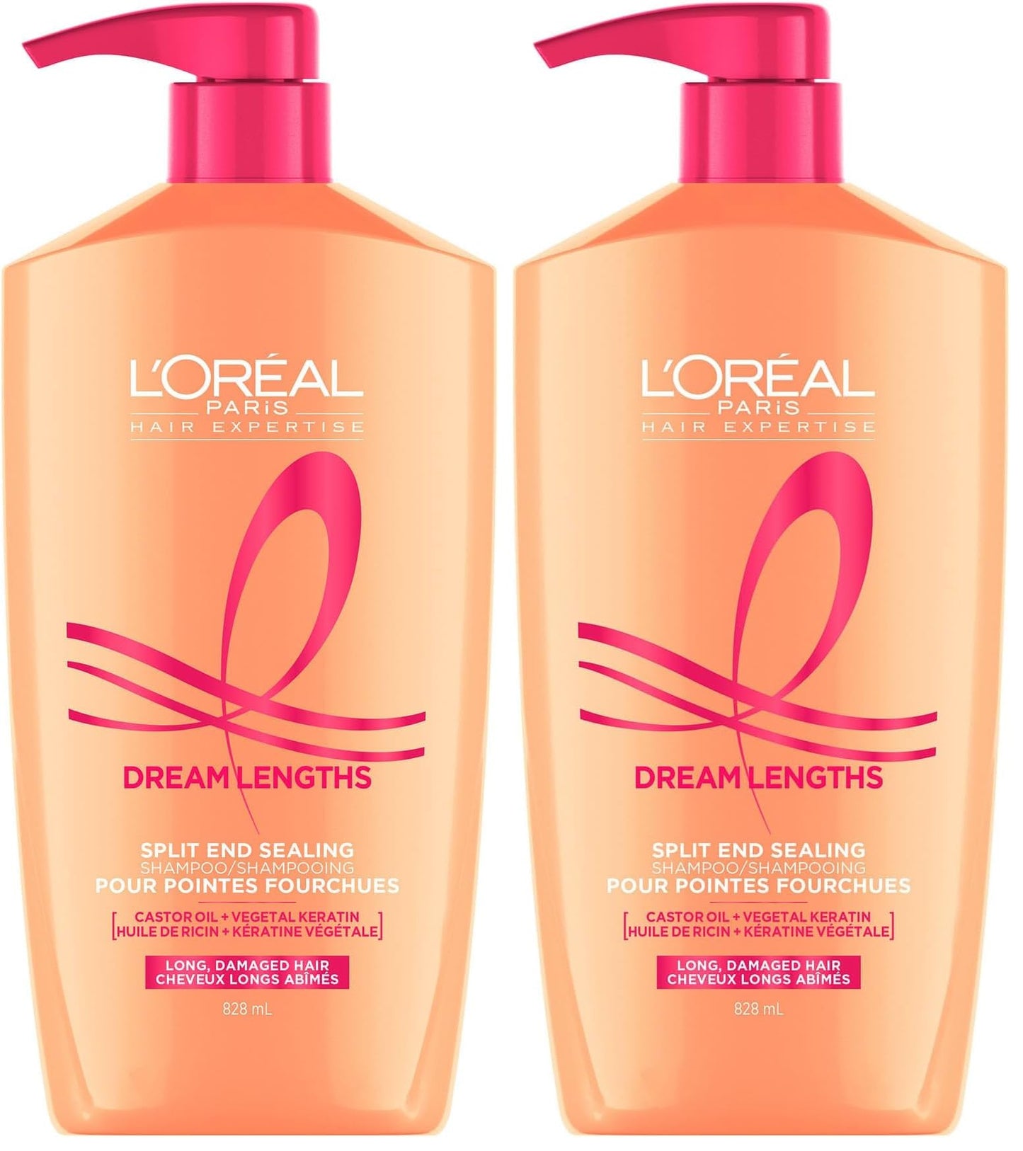 HOTL'Oreal Paris Elvive Dream Lengths Shampoo and Conditioner Set, Seals Split Ends, Hydrating & Strengthening Hair Repair, Fine Castor Oil and Vitamins B3 and B5, 56 Fl Oz Set