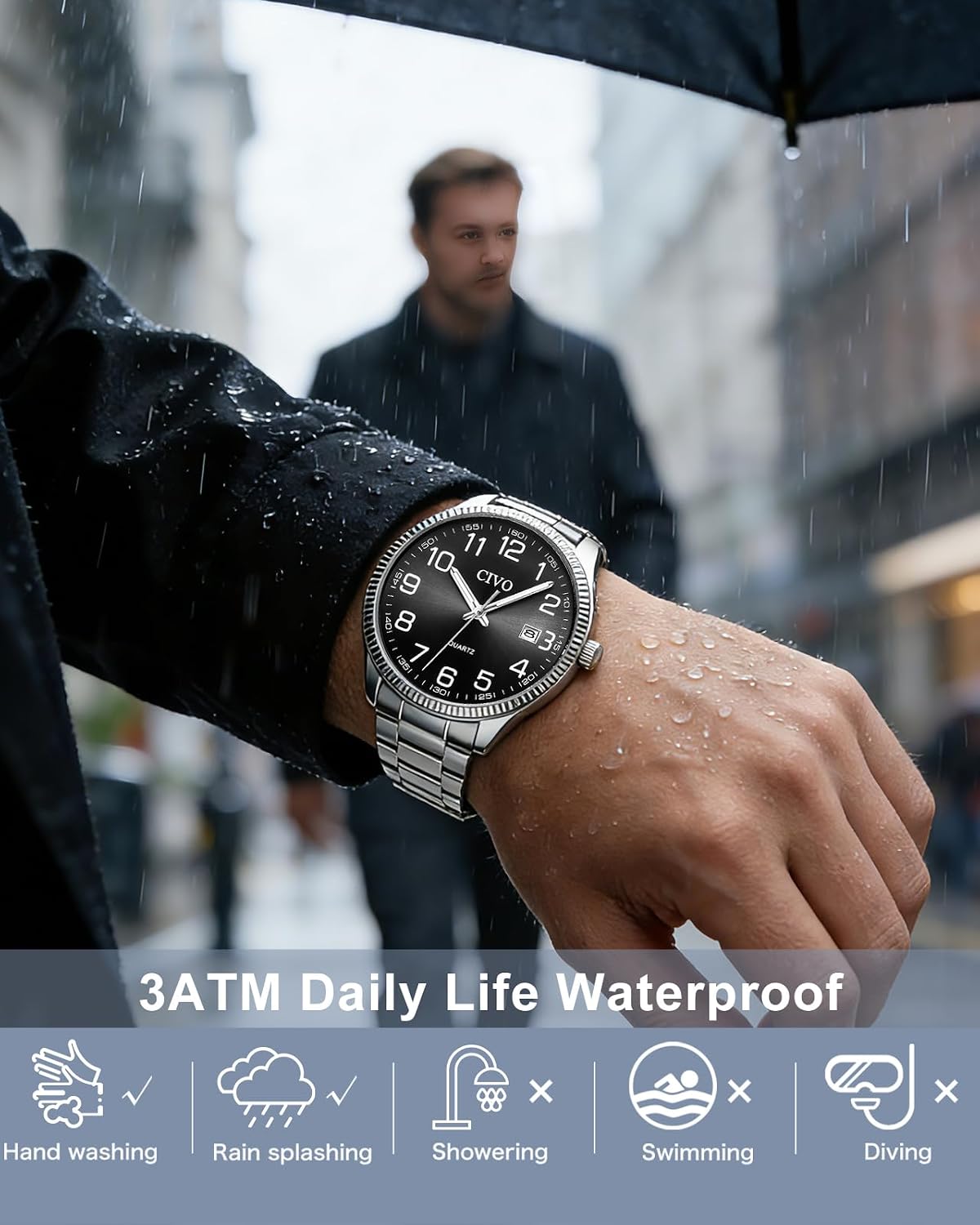 HOTCIVO Silver Analog Watches for Men: Stainless Steel Dress Wrist Watch Date | Classic, Easy to Read Large Numbers, Waterproof for Work, Formal, Gifts for Husband, Son, Father, Birthday, Anniversary