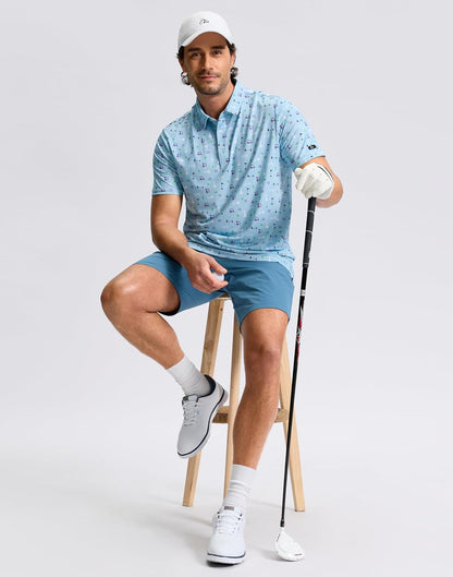 HOTObla Mens Golf Polo Shirts Short Sleeve Dry Fit Performance Moisture Wicking Casual Print Collared Golf Shirts for Men