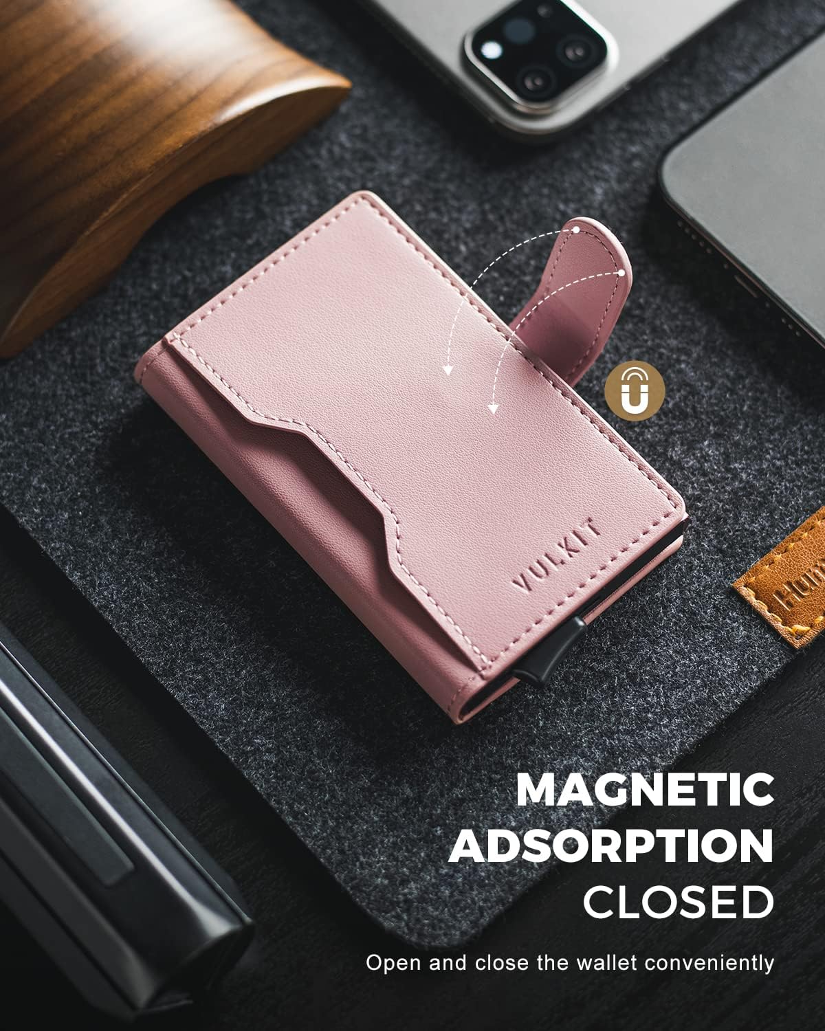 HOTVULKIT Slim Bifold Pop up Wallet Minimalist Leather Card Holder RFID Blocking Metal Card Case with ID Window for Women | with Leather Slots