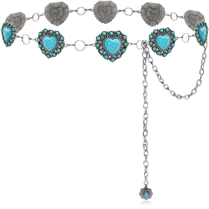 HOTTurquoise Chain Belt for Women, Western Cowgirl Concho Belt | Turquoise Concho Accents with Silver Chains for Western, Cowgirl, Rodeo, Festival and Denim Looks