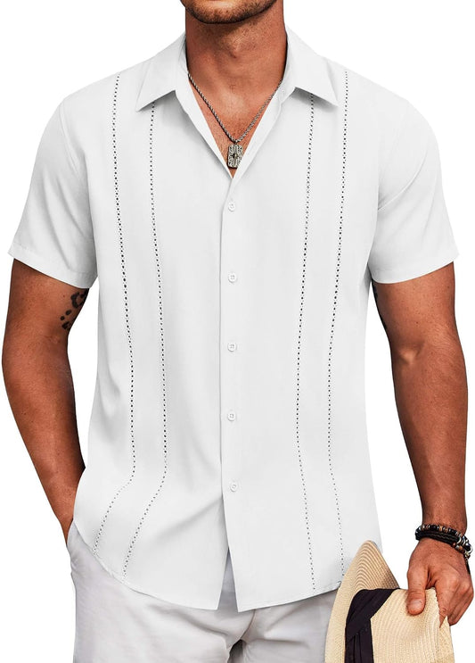 HOTCOOFANDY Mens Cuban Guayabera Shirt Short Sleeve Button Down Shirts Summer Beach Vacation Shirts