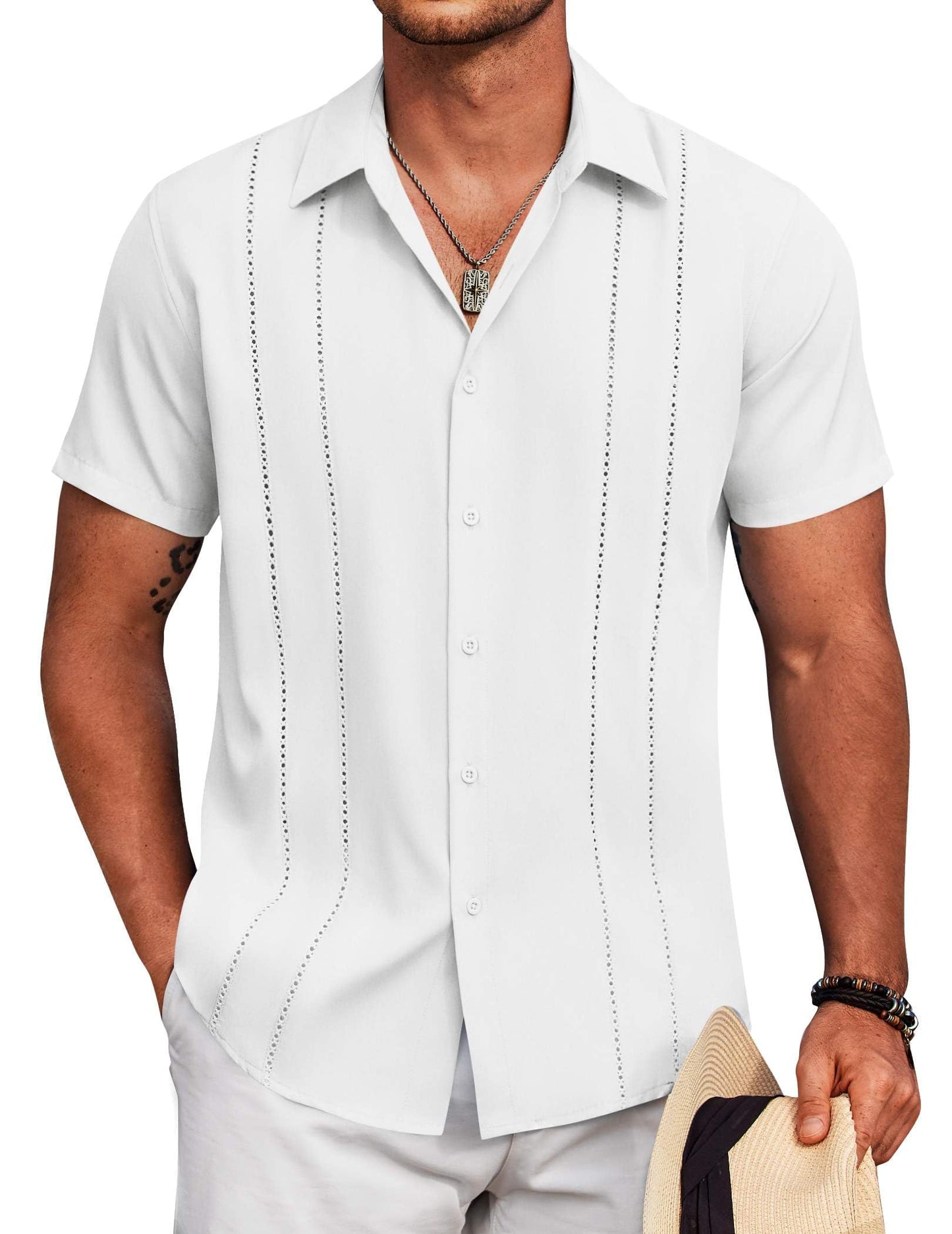 HOTCOOFANDY Mens Cuban Guayabera Shirt Short Sleeve Button Down Shirts Summer Beach Vacation Shirts