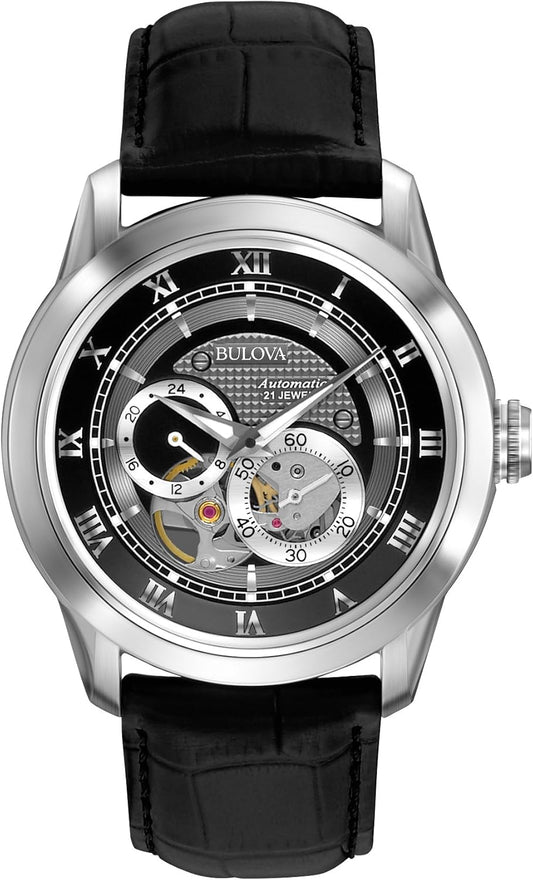 HOTBulova Men's Classic Sutton 4-Hand Automatic Watch, 24-Hour Sub Dial, Open Aperture, Self-Winding, Exhibition Caseback, Double Curved Mineral Crystal, Luminous Hands, 42mm