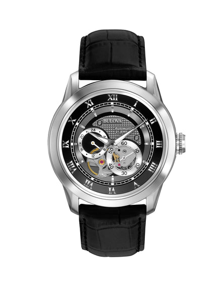 HOTBulova Men's Classic Sutton 4-Hand Automatic Watch, 24-Hour Sub Dial, Open Aperture, Self-Winding, Exhibition Caseback, Double Curved Mineral Crystal, Luminous Hands, 42mm