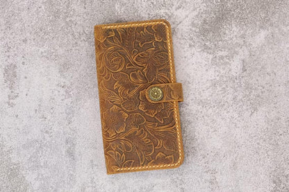 HOTWomen embossing leather wallet case for iPhone 17/16/15/14/13 pro,tooled leather,Hand-Sewn Saddle Stitch, 4 Card Slots, Wrist Strap, Snap Folio IP20MW-B
