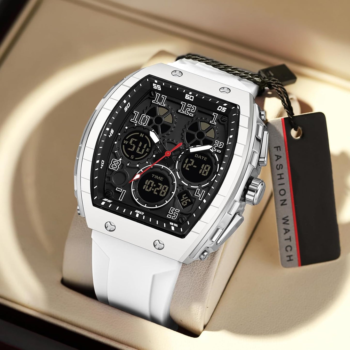 HOTfindtime Watches for Men Relojes para Hombres Wristwatch with Digital Analog Dual Time Display Countdown Stopwatch Punk Cool Design 5ATM Waterproof Mens Watch | Reloj de Hombre Rectangle Design Digital Analog Dual Time Display Countdown Stopwatch Punk