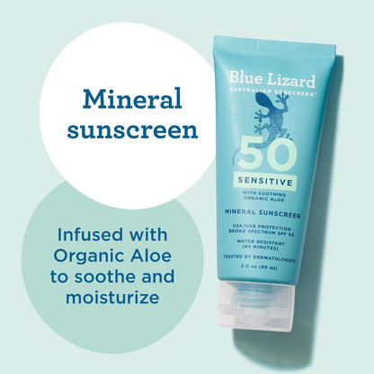 HOTBlue Lizard SENSITIVE Mineral Sunscreen with Zinc Oxide, SPF 50+, Water Resistant, UVA/UVB Protection with Smart Cap Technology - Fragrance Free, 3 oz. Tube