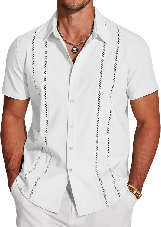 HOTCOOFANDY Men's Cuban Guayabera Shirt Short Sleeve Button Down Shirts Casual Summer Beach Linen Shirts