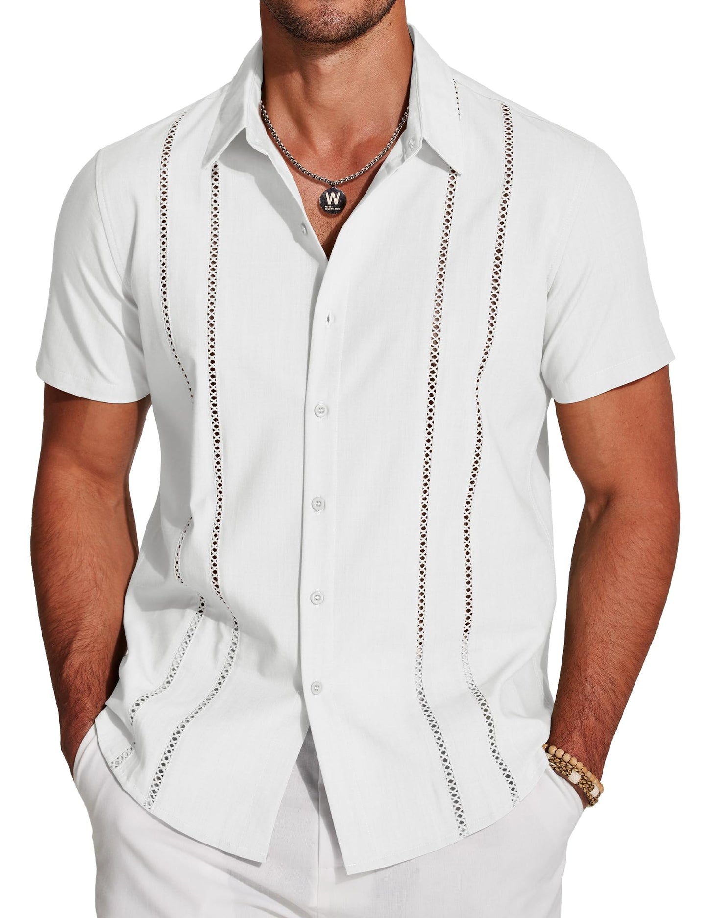 HOTCOOFANDY Men's Cuban Guayabera Shirt Short Sleeve Button Down Shirts Casual Summer Beach Linen Shirts