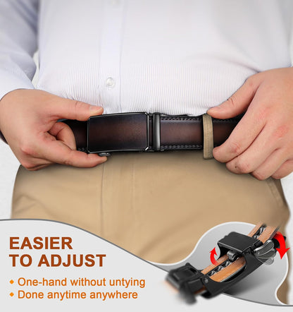 HOTKEMISANT Men's Ratchet Leather Belt 2Pack-Trimmable 1 3/8“-Gift Boxed | Smooth Sliding | Micro Adjustable Fit | Tailored Size | Holeless Understated Elegance