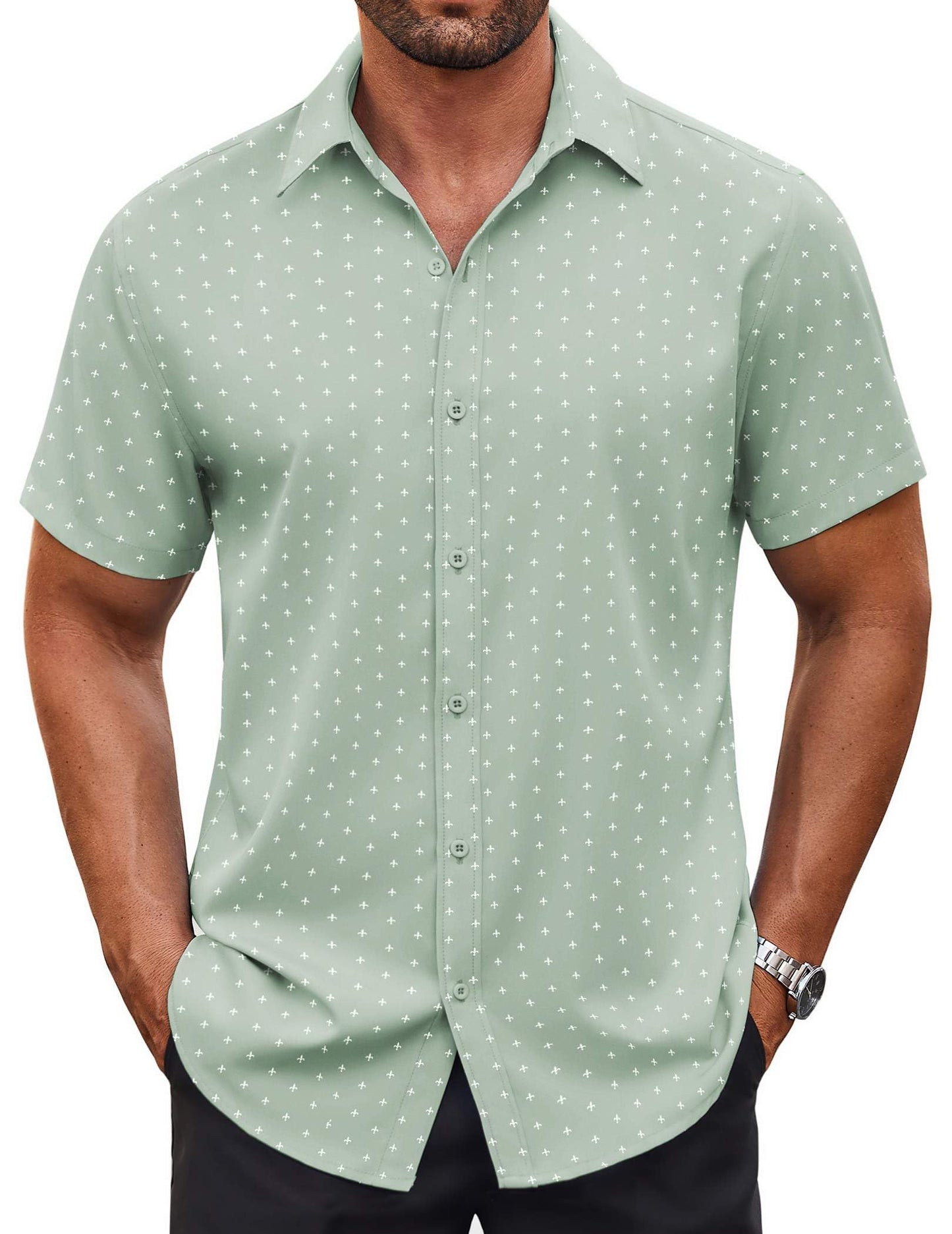 HOTCOOFANDY Men's Button Down Shirt Short Sleeve Dress Shirt Casual Beach Summer Wedding Shirt